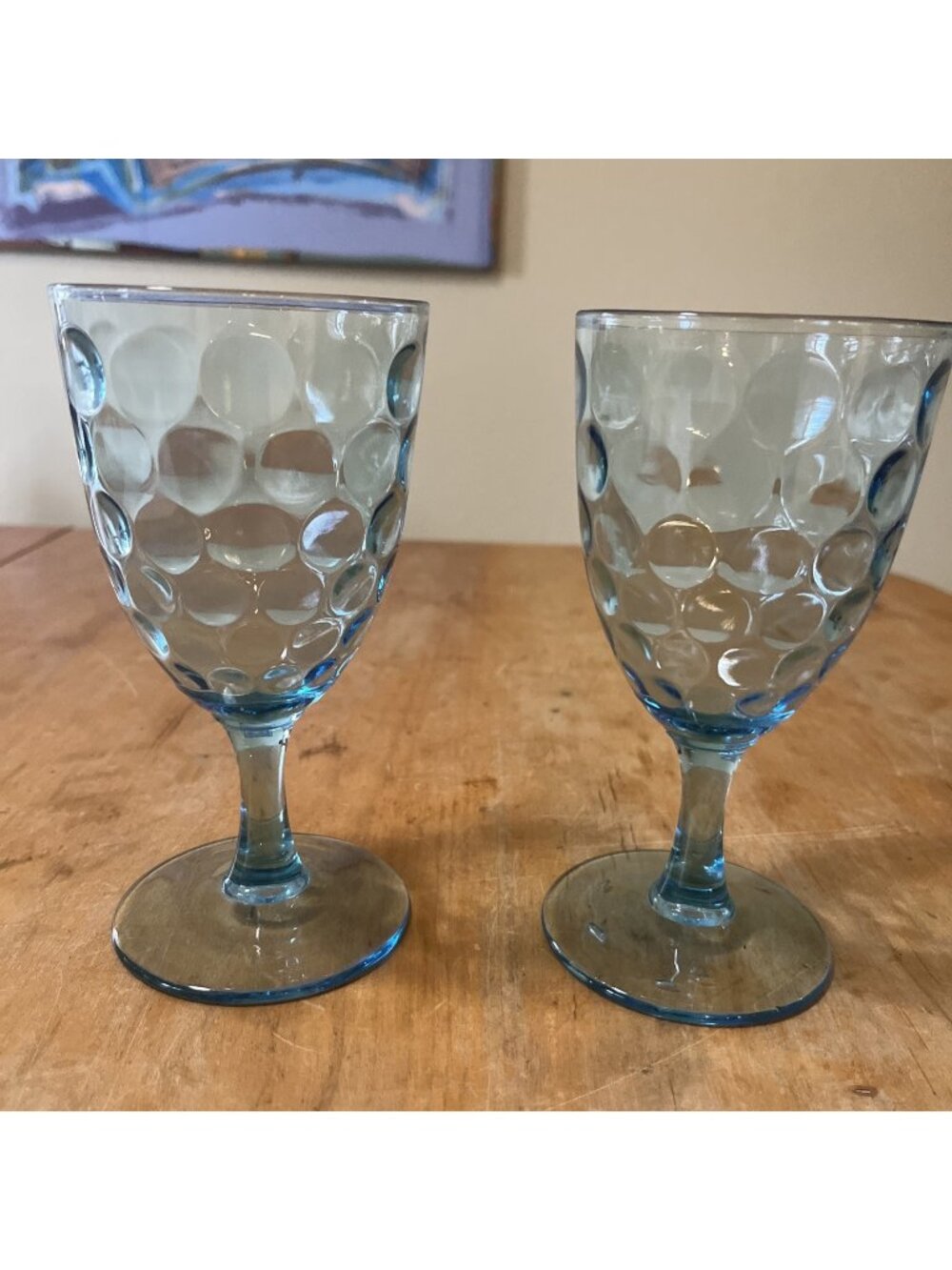 2 Victorian Blue Glass Goblets Circle Bubble Design Excellent Condition